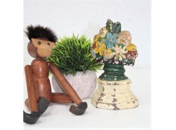 Painted Cast Iron Flower Bouquet On Pedestal Door Stop With Age Distressed Finish