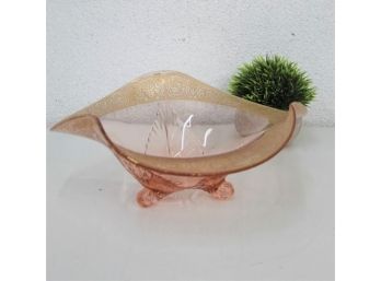 Vintage Triple Wave, Triple Foot Pink Pressed Glass Bowl With Gold Border Overlay