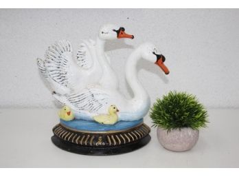 Vintage Cast Iron Swans And Cygnets Door Stop - Garden Statue