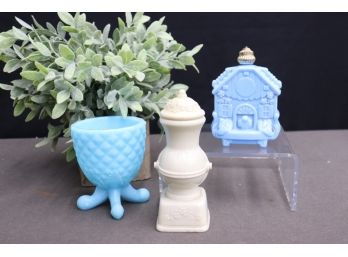 Two Vintage Avon Milk Glass Bottles And One Sky Blue Hobstar Pineapple Pot