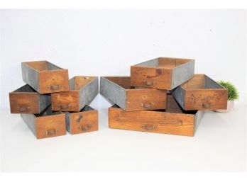 Group Lot Of Early Apothecary/Hardware Cabinet Drawers With Wood Front And Metal Sides