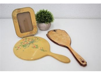 Vintage Orange Resin And Rhinestone Hand Mirrors And Photo Frame