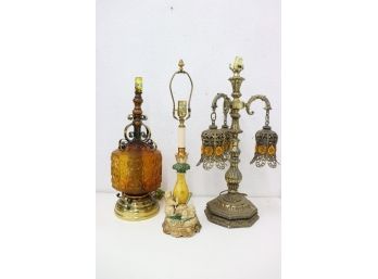 Splendid Trio Of Decorative Lamps - Amber Glass, Hollywood Regency, And Rabbit Revival Cottagecore
