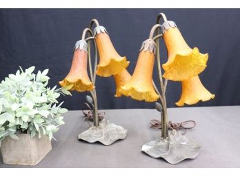 Pair Of Reproduction Art Nouveau Style Lily Pad 3 Tulip Light Table Lamps (one Has Broken Bottom Plate)