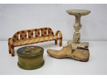 Wooden Shoe Last, Painted Wood Box And Bench, Distressed Display Pedestal