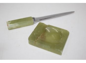 Vintage Green Agate Lot: Paperknife And Cigar Ashtray (chips On Ashtray Edges)