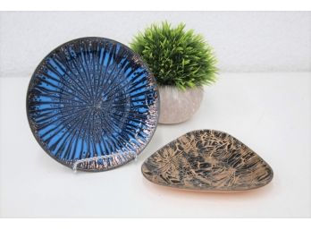 Fabulous Hand Crafted Vintage MCM Enameled Copper Round Plate And Triagle Shallow Bowl
