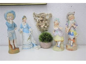 Group Lot Of Painted Porcelain Figurines And A Wall Sconce Cherub Vase (multiple Breaks/chips - See Photos)