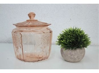 Vintage Princess Pink Depression Glass Lidded Biscuit Cookie Jar