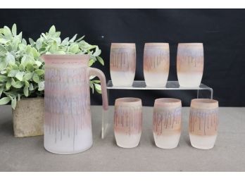 Gorgeous Vintage Art Nouveau Pitcher And Six Glasses - Frosted Hand Painted Splatter-Dip Decoration