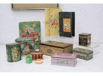 Shelf Lot Of Vintage Tins And Tole Painted Metal Boxes