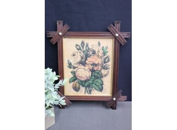 Wooden Adirondack-style Frame With Moss Roses And Buds, Currier And Ives Reproduction Print