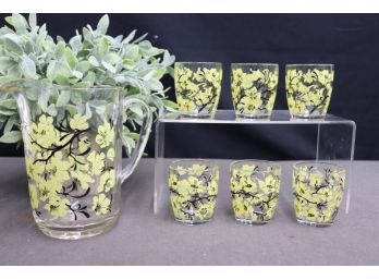 Superb Vintage MCM Yellow And Black Cherry Blossom Juice Pitcher & 6 Juice Glasses