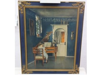 Vintage Hermann Graf Print On Board Piano Practice In Blue Room, Signed In U/R Frieze, Blue Gold Frame