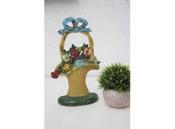 Vintage Cast Iron Yellow Flower Basket Door Stop