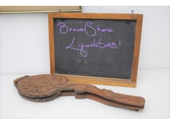 Wood Framed Chalk Board And Vintage Leather/Wood Fireplace Bellows