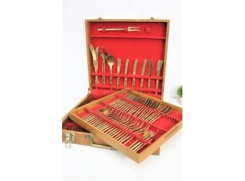 Plentiful Lot Of Stunning Nickel Bronze Cane Bamboo Pattern Flatware - Original Case (incomplete Set)