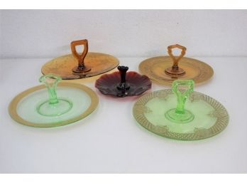 Five Fabulous Depression Glass (uranium, Ruby, Amber) Center-Handled Round Glass Servers/Trays