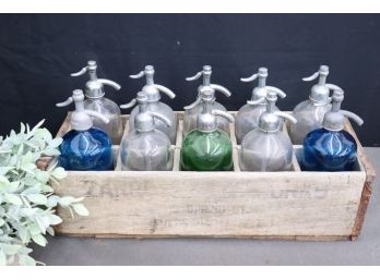 Vintage Wood Seltzer Delivery Box With 10 Vintage Seltzer Bottles