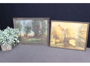 Two Framed Vintage Color Prints On Cardboard