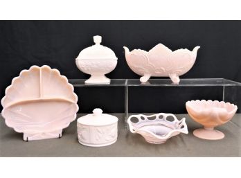 Group Lot Late Depression Era Pink Shell Milk Glass Bowl And Box Assortment