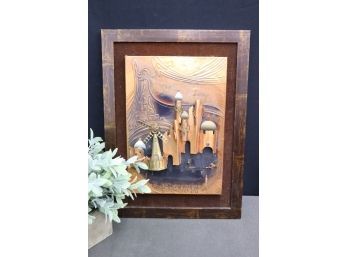 Fantastical Castle Landscape On Repousse, Chased, And High-Relief Copper Panel, Framed And Signed (Hebrew)