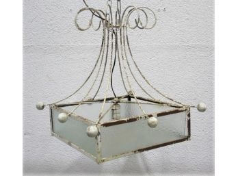 Perfectly Patinated Painted Wrought Iron Curlicue And Sphere Hanging Light With Pebbled Glass Panels