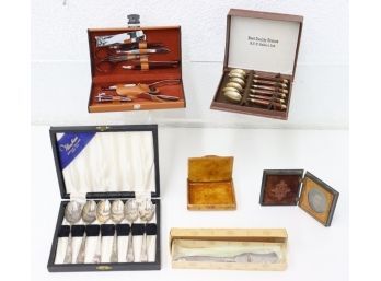 Group Lot Of Vintage Stainless Flatware, Wood/bronze Spoons, Nail Care Trimmer Set, Metal Folding Frame