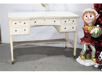 Shabby Chic Vintage White Washed Writing Vanity  With Casters And Cane Half Shelf