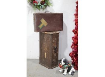 Antique Low Profile Cabin Trunk And A Vintage Heidelberg Suitcase With Original Ship Line Stickers