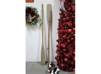 Vintage Rustic Long Wooden Oars With Metal Oarlocks