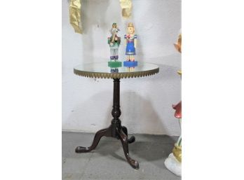 Vintage Round Mirror Top Tripod Accent Table With Repeat Oval Brass Edge Mount