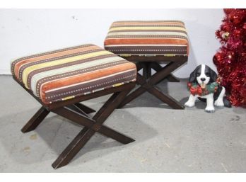Two Ballari Striped Upholstery Cross Base Ottomans