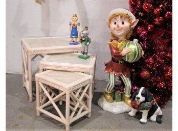 Trio Of Glass Top Rattan And Bamboo Nesting Tables