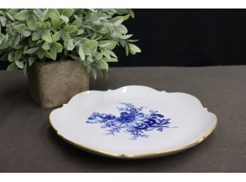 Antique Meissen Porcelain Plate With Hand-Painted Blue Flowers And Gold Edge