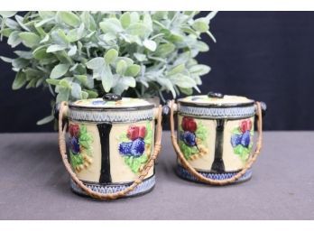 Two Twisted Twig Handle Japanese Ceramic Lidded Condiment Pots