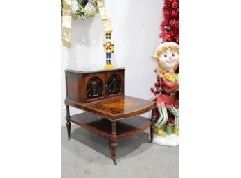 Vintage Leather Top Side Table With Cello Clef Wire Screen Cabinet And Glass Cover For Top Surface