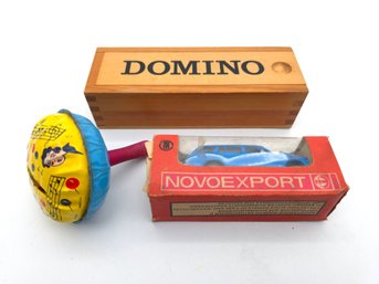 Vintage Toy Lot - Dominos, Tin Noisemaker, Novoexport Diecast Car