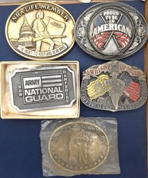Lot Of 5 Militaria & Patriotic Themed Belt Buckles - Jadco Brass, Siskiyou Buckle Co, Buckle Bakery, Others