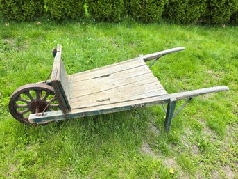 Vintage Wooden Wheelbarrow With Spoked Metal Wheel, C. 1920-1950s
