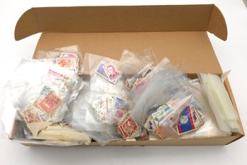 Card Box Full Of Bagged Misc. Vintage World Postage Stamps