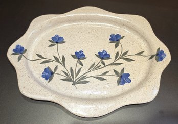 Granite Lake Pottery - Speckled Stoneware 14.5' Serving Platter With Hand-Painted Blue Flowers