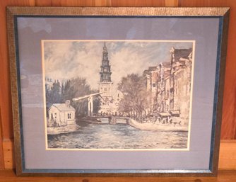 P. Serrano Cityscape Canal Painting Print, C. ~Mid-20th C.