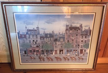 Framed Michel Delacroix Print - Parisian Street Scene With Cavalry