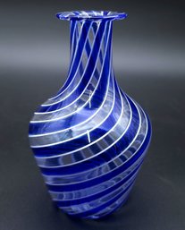 Blue & White Swirled Art Glass Vase, 5.5'