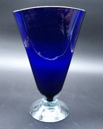 Large 10.5' Blown Cobalt Blue Art Glass Vase With Clear Base