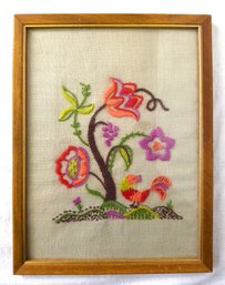 Framed Embroidered Folk Art Rooster & Floral Design - C. ~1950s-1970s