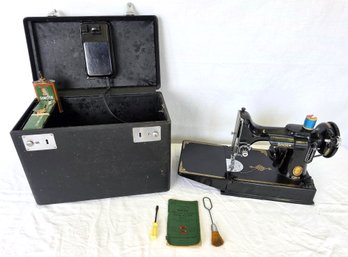 SINGER Featherweight Portable Electric Sewing Machine With Original Case, Pedal, & Accessories - C. ~1950s