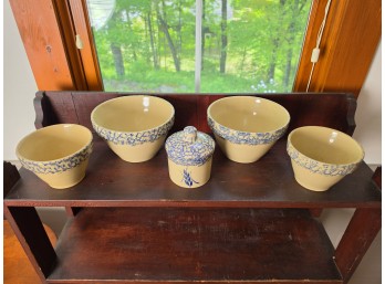 R.R.P. Co Roseville Vintage Blue Spongeware Stoneware Bowls & Covered Crock Jar, C. 1900-1930s