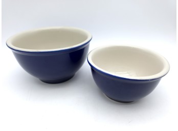 Pair Of Blue And White Heavy Ceramic Mixing Bowls